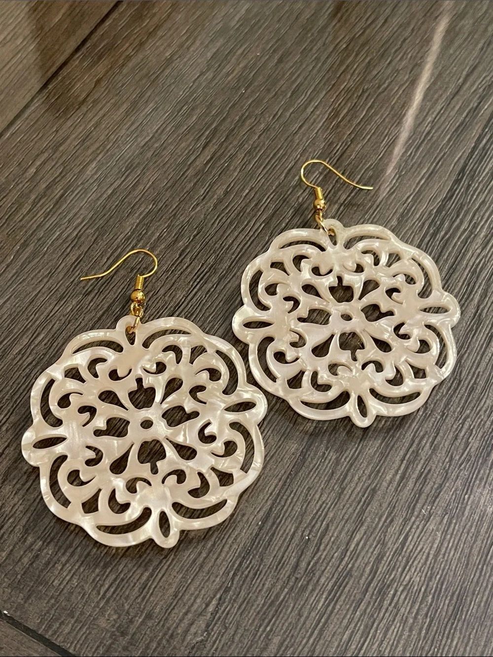 Vintage Style Lacey Doily Filigree Dangle Earrings with Faux Mother of Pearl